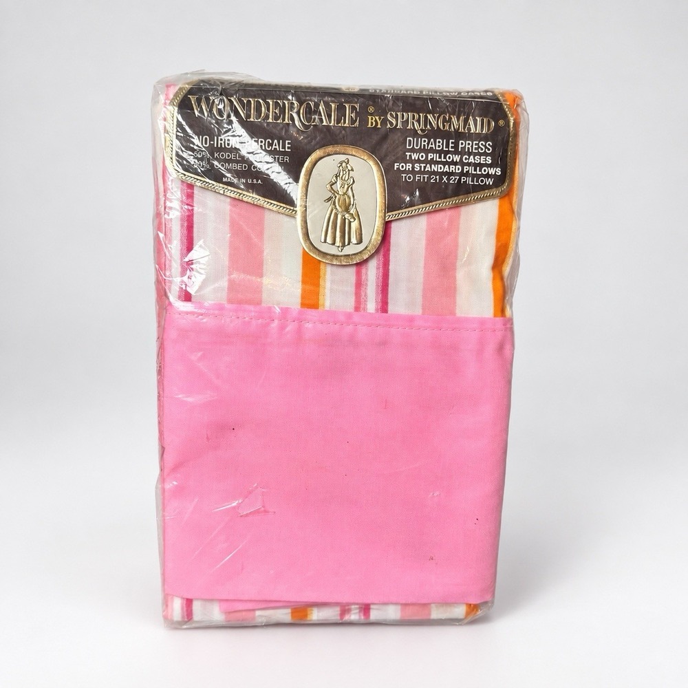 Vintage Springmaid Wondercale Standard Pillowcases Set 2 Pink Orange Stripe USA